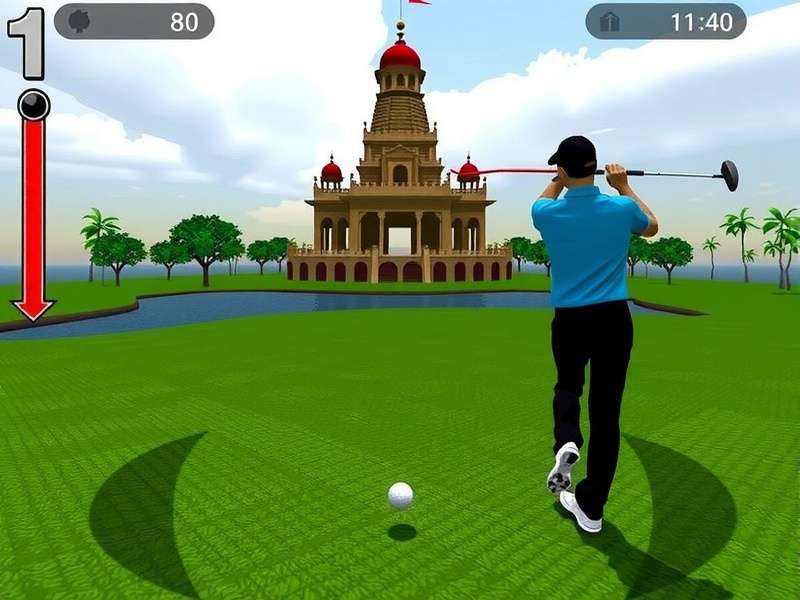 Golf Master gameplay showing a player taking a shot at a course with Indian temple in background