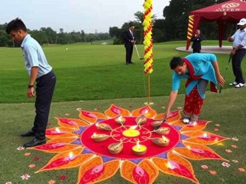 Golf Master Diwali event with course decorated with diyas and rangoli, players in traditional attire
